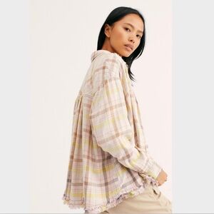 Free People Seeking Starlight Lilac Gray Yellow Plaid Babydoll Button Up Top